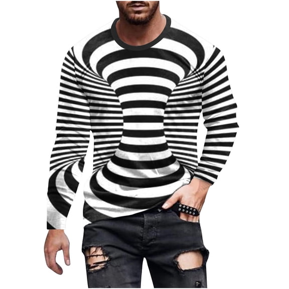Qingpeng Men Stripe Print T-Shirt Spring Shirts Comfy Long Sleeve Scoop Neck Tops Blouses Basic Casual Pullover Shirt