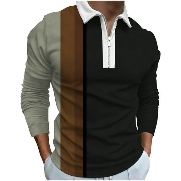 Qingpeng Men's 1/4 Zip Lapel Shirts Casual Slim Fit Long Sleeve Shirts Color Block Shirt Tops