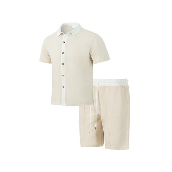 Qingpeng Men's 2 Piece Outfit Summer Short Sleeve Button Down Shirts and Shorts Sets with Drawstring
