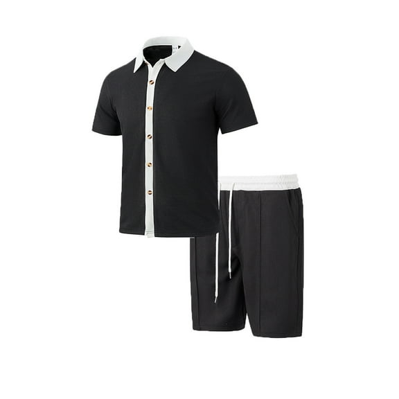 Qingpeng Men's 2 Piece Outfit Summer Short Sleeve Button Down Shirts and Shorts Sets with Drawstring