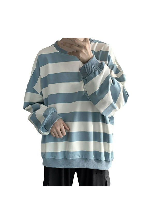 Men's Casual Striped Shirts Crewneck Long Sleeve Basic T-Shirt Stripe Tee Tops