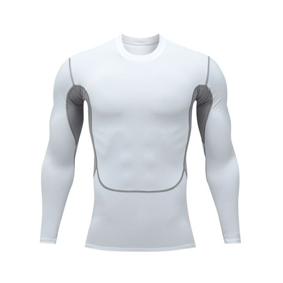 Qingpeng Men's Compression Shirts Quick Drying Tights Round Neck Long Sleeved Printed Solid High Elastic Training Shirt