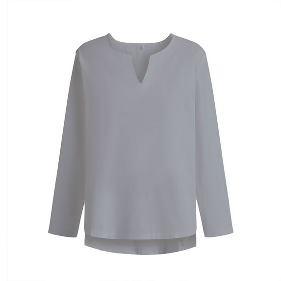 Qingpeng Men's Cotton Linen T Shirt Solid Color Long Sleeve Shirts V Neck Loose Shirts for Men