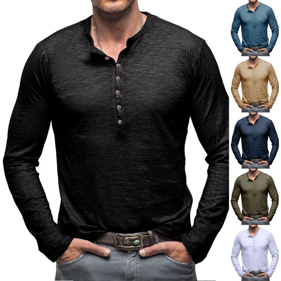 Qingpeng Men's Cotton T-Shirts Casual Long Sleeve Round Neck Lightweight Button T-Shirts