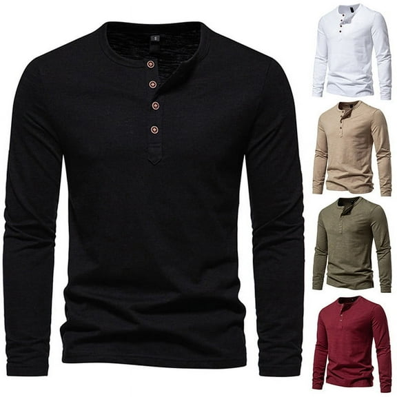 Qingpeng Men's Cotton T-Shirts Casual Long Sleeve Round Neck Lightweight Button T-Shirts