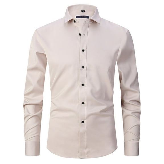 Qingpeng Men's Dress Shirts Solid Lapel Long Sleeve Formal Shirt Business Button Down Shirts