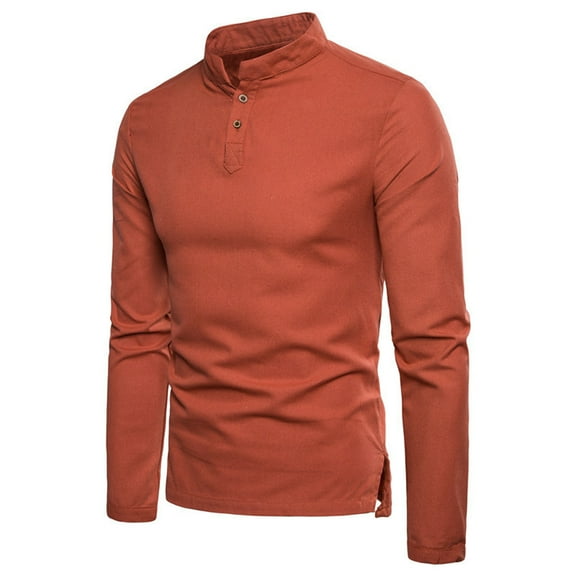 Qingpeng Men's Linen Long Sleeve Shirts Button Down Banded Collar Basic Casual Shirt Tops