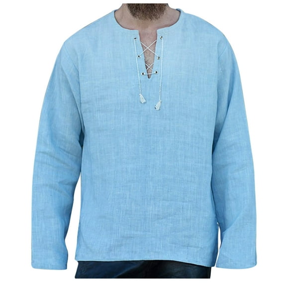 Qingpeng Men's Linen Shirt Solid Long Sleeve Beach V-Neck Drawstring Printing Summer Top Casual Loose Shirt