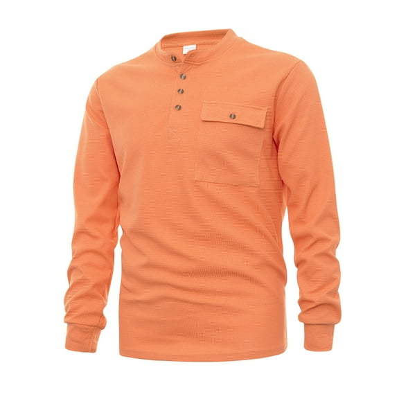 Qingpeng Men's Long Sleeve Lapel Shirts 3-Button Fall Casual Cotton T-Shirts Basic Tops