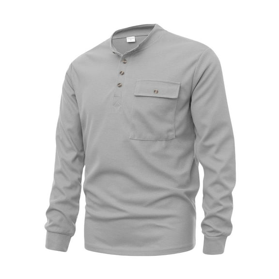 Qingpeng Men's Long Sleeve Lapel Shirts 3-Button Fall Casual Cotton T-Shirts Basic Tops