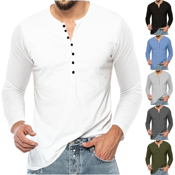 Qingpeng Men's Long Sleeve Shirts 7-Button Fall Casual Loose Cotton T-Shirts Moisture Wicking Basic Tops