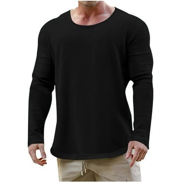 Qingpeng Men's Long Sleeve Shirts Solid Casual Loose Crewneck Pullover T-Shirt