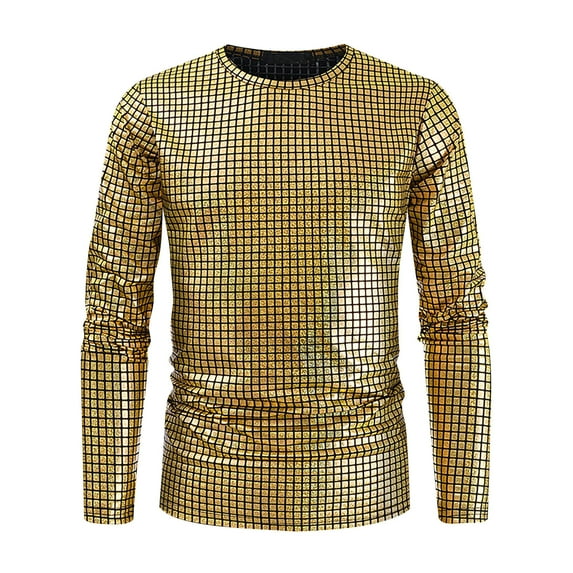 Qingpeng Clearance Men's Sequins T Shirt Round Neck Long Sleeve Pullover Shirts Slim Fit Tees Tops for Men