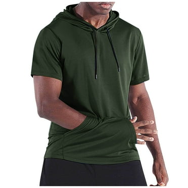 Qingpeng Men's Solid Short-Sleeve Hoodie T-Shirt With Drawstring