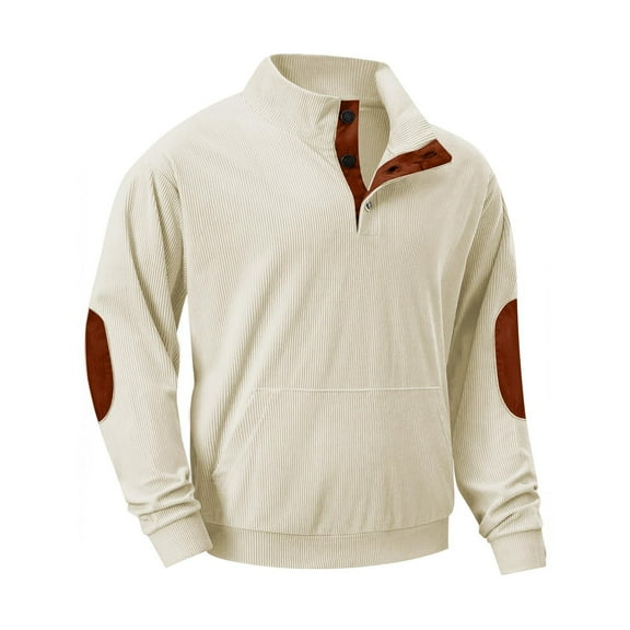 Qingpeng Men's Sweatshirt Casual Long Sleeve Stand Collar Button Pullover Sweatshirts with Pockets