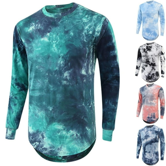 Qingpeng Men's Tie Dye Print Crewneck Long Sleeve Gym T-Shirt Casual Tops