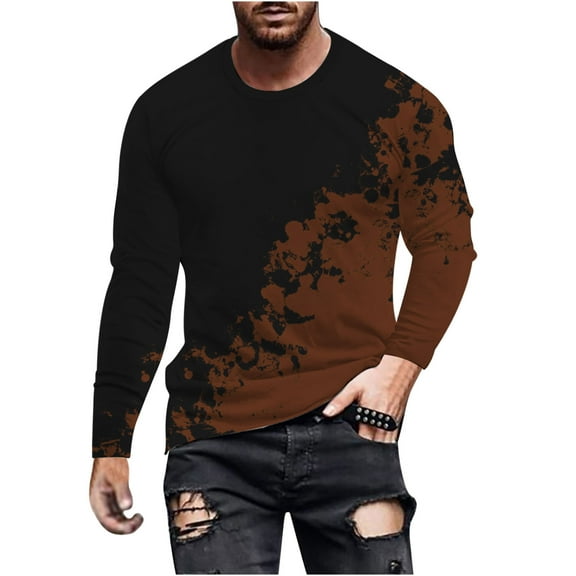 Qingpeng Mens Classic T-Shirts Casual Print Shirts Fall Round Neck Long Sleeve Shirts Slim Fit Daily Shirt