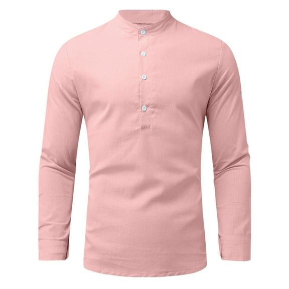 Qingpeng Mens Cotton Linen Shirts Long Sleeve Casual Cotton T-Shirt Regular Fit Lightweight Loose Shirt Tops