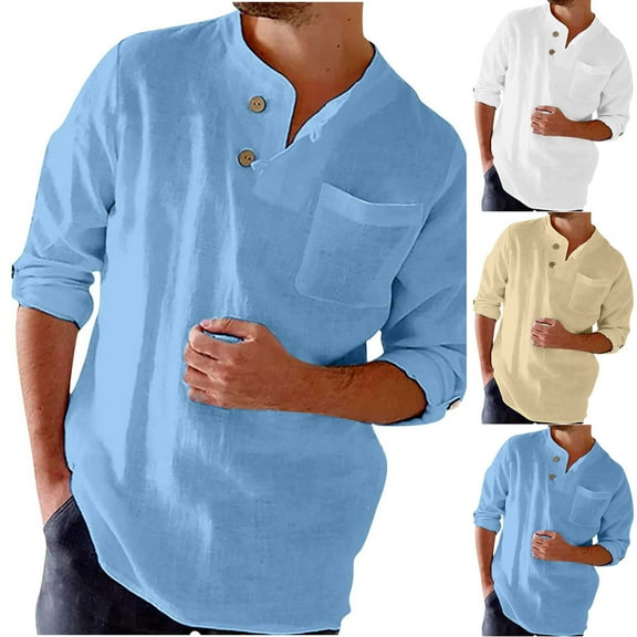 Qingpeng Mens Cotton Linen Shirts Long Sleeve Casual Shirt Summer Beach T-Shirt Band Collar Shirt & Pocket