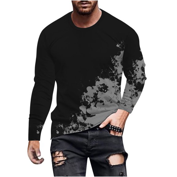 Qingpeng Mens Graphic T-Shirts Casual Print Shirts Fall Round Neck Long Sleeve Shirts Slim Fit Daily Basic Shirt