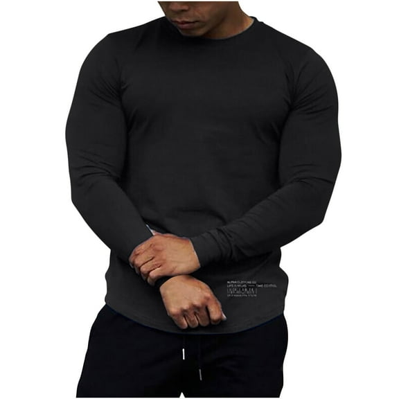 Qingpeng Mens Gym Workout Shirt Slim Fit Round Neck Long Sleeve T-Shirt Athletic Shirts Running Fitness Tee Shirt Top