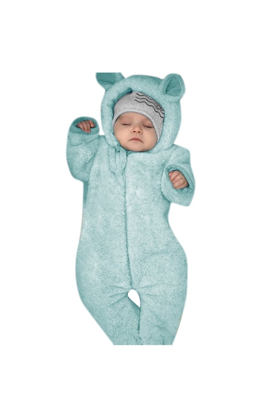 Newborn Girl Boy Rompers Bear Ear Hooded Footed Jumpsuit Winter Fleece Warm Onesies Pajamas Long Sleeve Zipper Winter Coat Outfits for Kids 0-2 Years