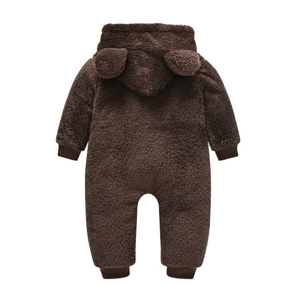 Qingpeng Newborn Girl Boy Rompers Plush Bear Ear Hooded Jumpsuit Winter Fleece Warm Snowsuit Onesies Long Sleeve Zipper Winter Coat Outfits for Kids Size 0-24M