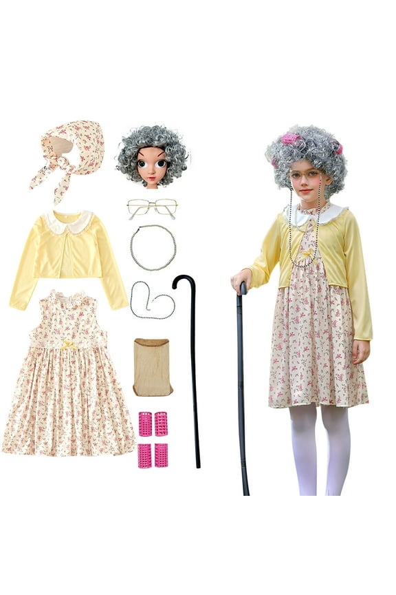 Old Lady Dress Up for Kids, 100th Day School Granny Wig Accessories Outfit