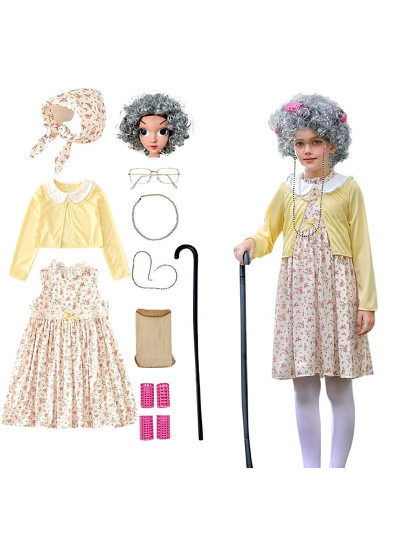 Old Lady Dress Up for Kids, 100th Day School Granny Wig Accessories Outfit