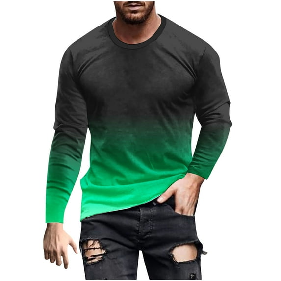 Qingpeng Shirts for Men Long Sleeve Casual Loose Gradient Color Print Crewneck Sweatshirt Lightweight Gym Workout Pullover Top