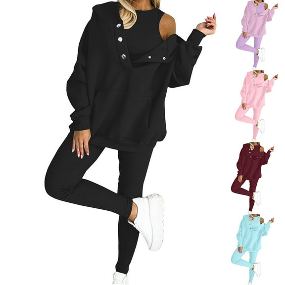 Qingpeng Sweatsuit Set for Women 3 Piece Oversized Outfits Button Hoodie Tank Top Long Pants Matching Lounge Set