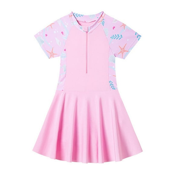 Qingpeng Teen Girls One Piece Short Sleeve Swim Dress Rash Guard Bathing Suit Skirted Zip Front Swimwear