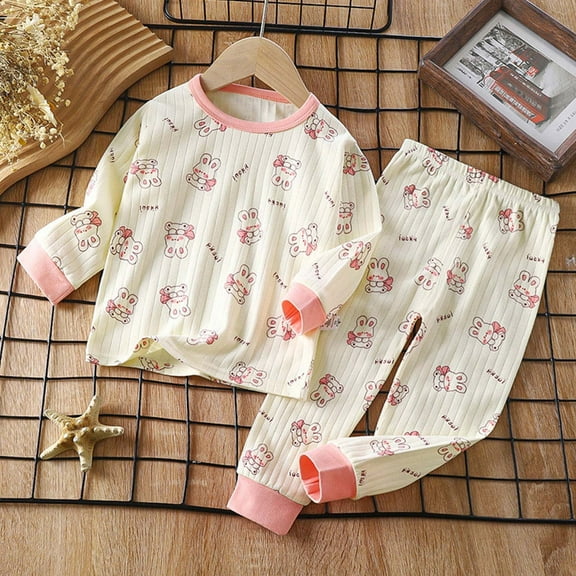 Qingpeng Toddler Boy Girls Cotton Pajama Set Kids Long Sleeve Crewneck Pullover Tops & Pjs Pants Set Fall Winter Sleepwear Clothes Outfit