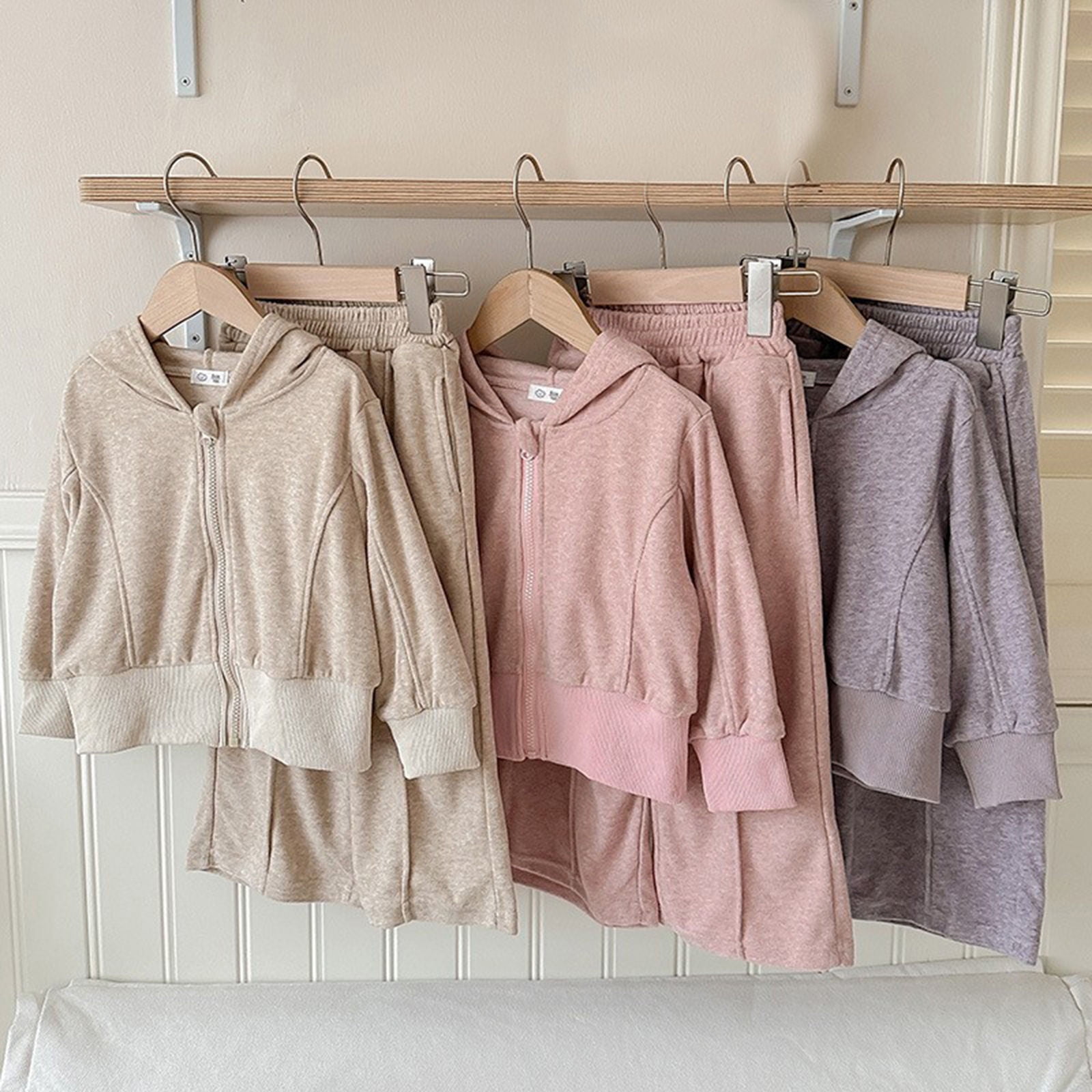 Spring and Autumn Baby Kids Unisex Solid Color Long Sleeves Hooded Top and Plain Pants Clothing Set