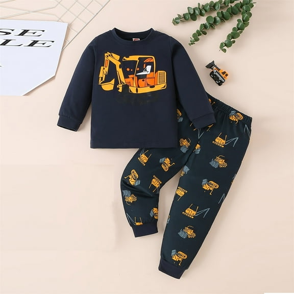 Qingpeng Toddler Boys Clothes Outfits Kids Long Sleeve Cute Print Crewneck Pullover Sweatshirt and Jogger Pants 2 Piece Fall Winter Sweatsuit Set