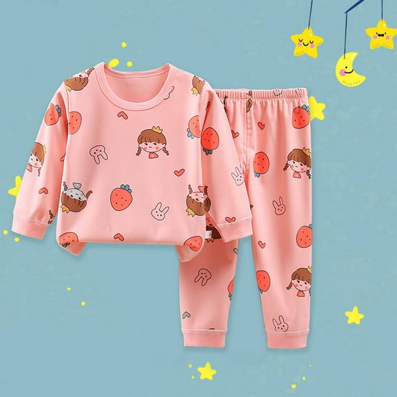 Qingpeng Toddler Boys Girls Cute Print Pajama Set Kids Long Sleeve Crewneck Pullover Tops & Pjs Elastic Waist Pants Set Fall Winter Sleepwear Clothes Outfit