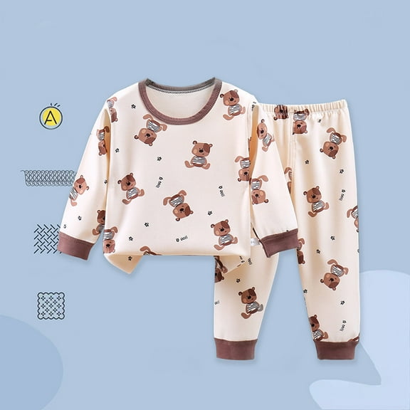 Qingpeng Toddler Boys Girls Cute Print Pajama Set Kids Long Sleeve Crewneck Pullover Tops & Pjs Elastic Waist Pants Set Fall Winter Sleepwear Clothes Outfit
