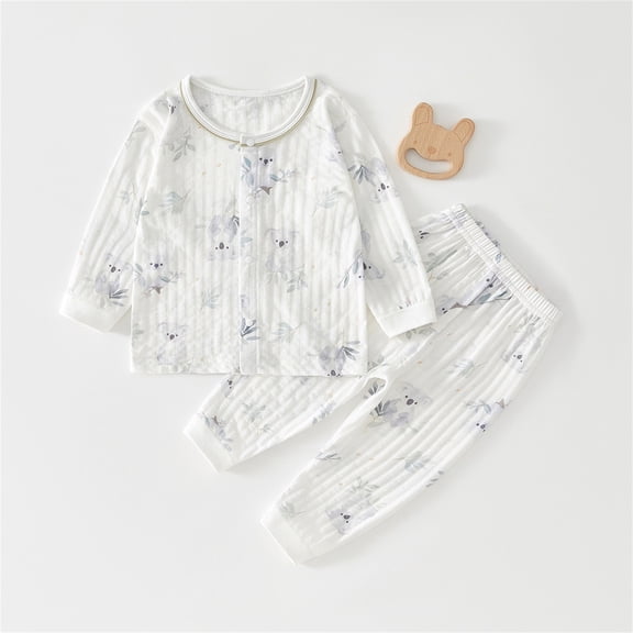 Qingpeng Toddler Boys Girls Pajama Set Kids Cute Printed Long Sleeve Button Down Shirt Tops & Pjs Pants Set Fall Winter Sleepwear Clothes Outfit