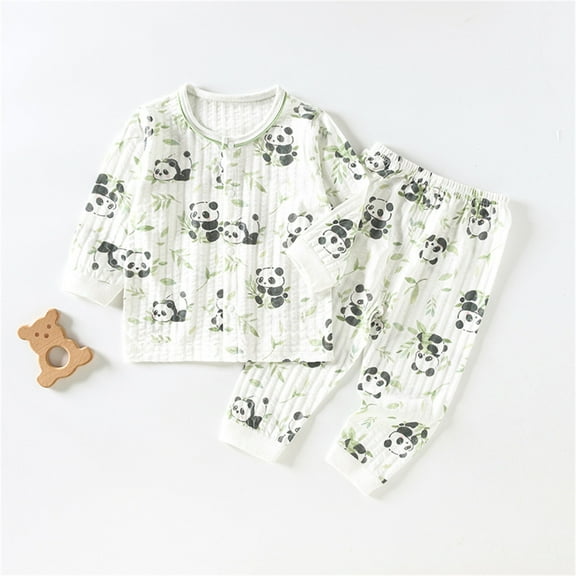 Qingpeng Toddler Boys Girls Pajama Set Kids Cute Printed Long Sleeve Button Down Shirt Tops & Pjs Pants Set Fall Winter Sleepwear Clothes Outfit
