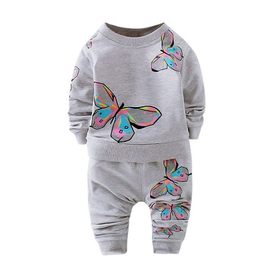 Qingpeng Toddler Girl Spring Fall Outfits Butterfly Print Long Sleeve Pullover Sweatshirt Tops and Cotton Blend Casual Loose Pants Clothes Set