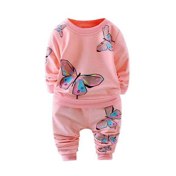 Qingpeng Toddler Girl Spring Fall Outfits Butterfly Print Long Sleeve Pullover Sweatshirt Tops and Cotton Blend Casual Loose Pants Clothes Set