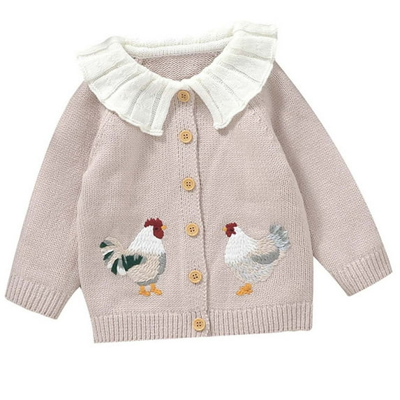 Qingpeng Toddler Baby Girl Sweater Cardigan Kids Cute Embroidery Doll Collar Button Down Knit Jacket Fall Winter Coat Knitwear