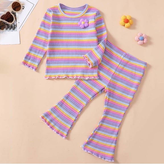 Qingpeng Toddler Girls Clothes Set Kids Long Sleeve Cute Print Sweatshirt and Bell Bottom Pants 2 Piece Fall Winter Sweatsuit Outfits