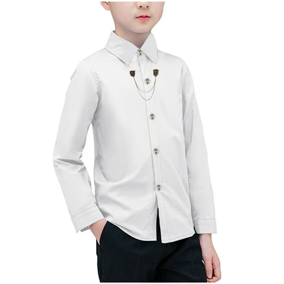 Qingpeng Toddler Boys Button Lapel Shirt Kids Cotton Long Sleeve Dress Shirts Formal Uniform Solid Shirt