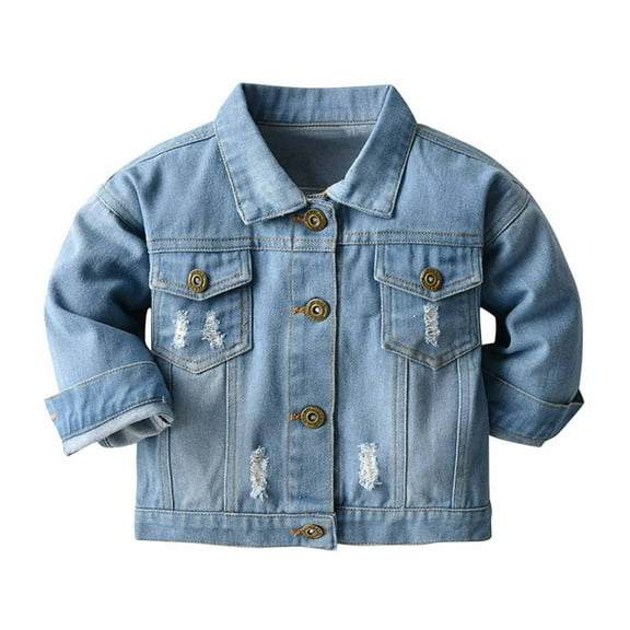 Qingpeng Toddler Boys Girls Basic Denim Jacket Kids Fall Winter Casual Loose Lapel Button Jean Shirt Long Sleeve Outerwear