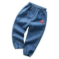 thumbnail image 1 of Qingpeng Toddler Boys Girls Cotton Denim Joggers Kids Drawstring Elastic Waist Cute Embroidery Jeans Casual Loose Solid Thin Sweatpants with Pockets, 1 of 4
