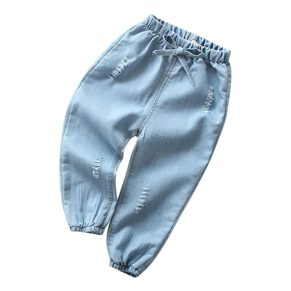 Qingpeng Toddler Boys Girls Cotton Denim Joggers Kids Drawstring Elastic Waist Jeans Casual Loose Solid Thin Sweatpants with Pockets