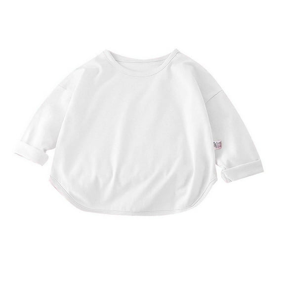 Qingpeng Toddler Boys Girls Cotton T-Shirts Fall Round Neck Long Sleeve Shirt Kids Solid Casual Tees
