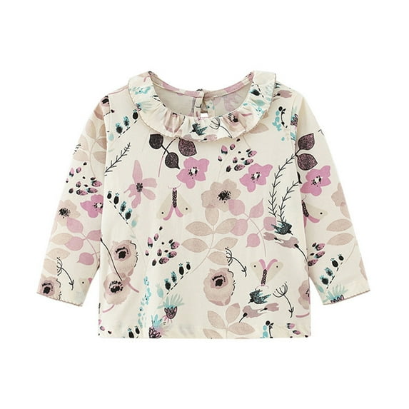Qingpeng Toddler Girl's Cotton Long Sleeve Shirt Kids Round Neck Ruffle Blouse Floral Print Shirt