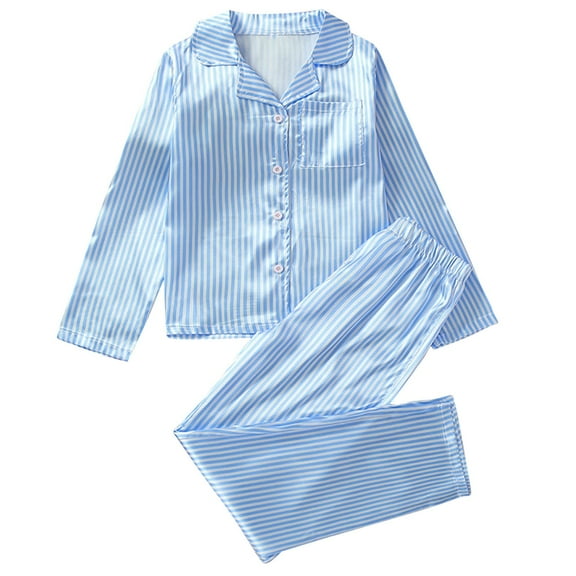 Qingpeng Toddler Girls Boys Stripe Cotton Pajamas Set Silk Long Sleeve Button-Down Nightwear